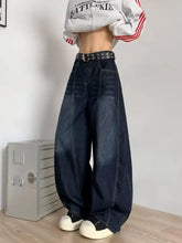 Men’s dark blue high waist wide leg denim barrel jeans with decorative belt in full size plus size fit