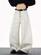 Men’s full size wide leg off-white denim pants with black belt and front button closure in plus size wide leg design