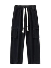 Men’s full size wide leg black cargo jeans with drawstring waist and white cord accents in plus size