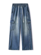 Men’s full size wide leg cargo jeans in blue denim with elastic waistband and white drawstrings