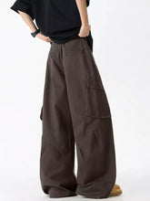 Men’s full size wide leg cargo jeans in dark brown with multiple pockets and relaxed fit for casual wear