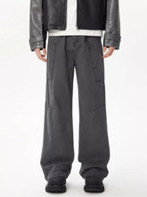 Men’s full size wide leg dark gray cargo jeans featuring multiple pockets and a relaxed fit in plus size