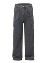 Men’s dark gray wide leg cargo jeans with multiple pockets in plus size full size fit