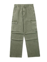 Men’s olive green full size wide leg cargo jeans with multiple pockets and relaxed fit in leg cargo style