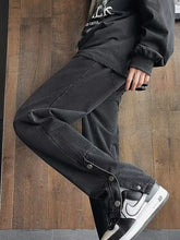 Men’s black denim wide-leg casual jeans with relaxed fit and buttoned side zippers plus size casual jeans