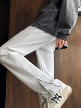 White denim men’s full size plus size wide-leg casual jeans with zipper detail at the ankle
