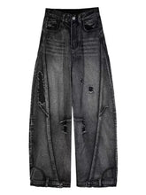 Men’s full size dark gray wide-leg distressed jeans with frayed edges and relaxed fit for plus size wear