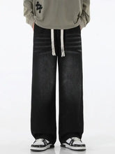 Men’s black denim wide leg drawstring jeans with faded distressed texture in full size wide leg fit plus size