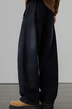 Black wide leg drawstring trousers with relaxed fit elastic waistband for men’s full size wide leg jeans plus size