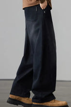 Men’s dark indigo wide leg drawstring denim jeans with relaxed fit and visible stitching details in plus size