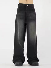 Men’s black wide leg denim jeans with faded distressed gradient wash and classic five-pocket design in plus size