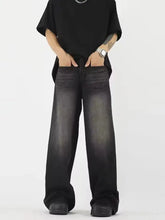 Men’s full size wide leg gradient wash black denim jeans with faded distressed finish and classic five-pocket design