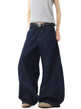 Men’s dark indigo wide leg jeans offer a relaxed oversized fit with visible stitching details in full size wide leg design