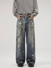 Men’s full size wide leg denim jeans with faded distressed look and metallic chain embroidery in size wide leg design