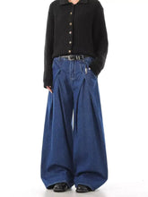 Men’s full size wide leg jeans in blue denim with pleated front and silver toned belt buckle detail