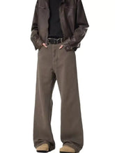 Men’s brown leather jacket with zipper front and chest pockets paired with full size wide leg jeans plus size