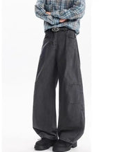 Men’s full size wide leg dark gray denim pants with relaxed oversized fit and visible stitching details