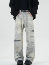 Men’s full size wide leg jeans in faded gray and white distressed camouflage denim for plus size fit