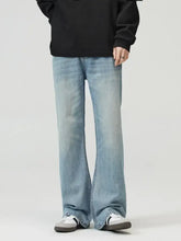 Men’s light-wash denim flare jeans with a relaxed wide leg cut in full size plus size wide leg jeans style