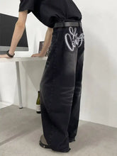 Black wide leg denim jeans with white courage embroidery on back pocket perfect fit for men’s full size wide leg jeans
