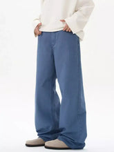 Men’s blue denim wide leg jeans with a relaxed straight cut silhouette in full size wide leg design