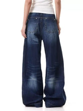 Men’s full size wide leg jeans in dark blue denim with a subtle faded finish and wide-leg cut for comfort