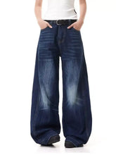 Men’s dark blue distressed wide-leg jeans with visible stitching in full size plus size wide leg denim material