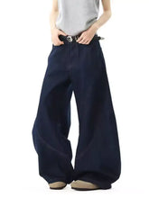 Men’s full size wide leg jeans offer dark blue denim with a relaxed flowing silhouette for comfortable style