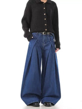 Dark blue wide leg jeans for men with a high waist and pleated front in full plus size denim pants