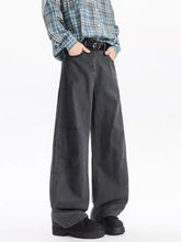 Men’s full size wide leg jeans in dark gray denim with relaxed fit, faded wash, and visible stitching details