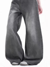 Men’s dark gray wide leg jeans with a relaxed flowing silhouette and subtle texture in plus size full length