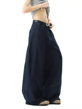 Men’s dark indigo wide leg jeans offer high waist design with silver-toned belt buckle in full size wide leg fit