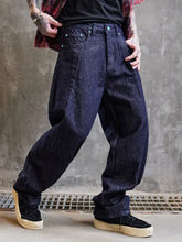 Men’s full size wide leg dark indigo denim jeans with teal button accents perfect for size wide leg fits