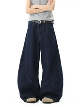 Men’s full size wide leg jeans in dark indigo denim with relaxed flowing silhouette and subtle curved seam detailing offers size wide leg comfort