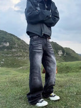 Men’s full size wide leg jeans in dark-wash denim with a faded distressed look and flared wide leg jeans design