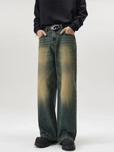 Men’s full size wide leg jeans with faded gradient wash from dark indigo to mustard yellow denim wide leg jeans