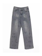 Men’s full size wide-leg jeans in grey distressed denim with subtle glittery embellishments and wide leg cut