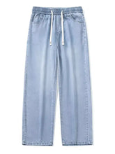 Men’s full size wide leg jeans in light blue denim with relaxed fit and white drawstring waistband