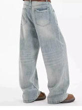 Men’s full size wide leg denim jeans in light wash with relaxed fit and frayed hem perfect for size wide leg style