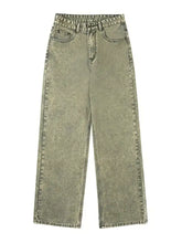 Men’s olive green wide leg jeans in premium cotton with faded distressed texture and classic five-pocket design full size