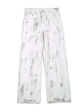 Men’s full size wide leg jeans in white distressed denim with a faded paint splatter effect and wide leg fit