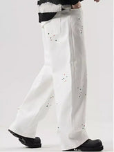 Men’s plus size wide leg white jeans with scattered black and red dot embellishments made of premium cotton