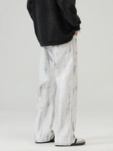 Men’s full size white denim wide leg jeans with gray marbled wash and wide leg cut in plus size design