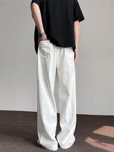 Men’s full size wide leg white denim jeans with relaxed straight-cut silhouette and visible stitching details