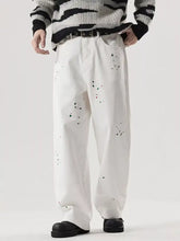 Men’s full size wide leg jeans in white premium cotton with paint-splatter design and plus size relaxed fit
