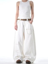 Men’s full size white wide leg jeans with contrasting stitching and leopard print belt in plus size design