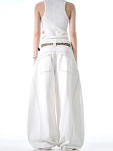 Men’s full size wide leg jeans in white with contrasting stitching and leopard print belt featuring pockets plus size