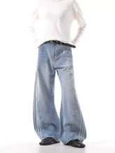 Men’s light-wash denim wide leg jeans with subtle vertical stitching and side stripes in a relaxed silhouette plus size