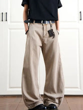 Men’s beige wide leg plus size denim pants with relaxed fit and subtle fading in full size wide leg design