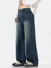 Men’s full size dark-wash denim relaxed fit jeans with wide-leg cut and subtle fading for a casual look